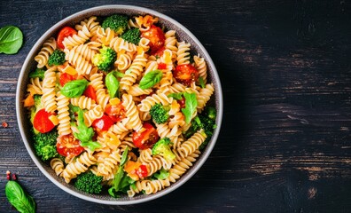 A colorful pasta dish with broccoli, cherry tomatoes, and fresh basil, served in a bowl on a wooden table.