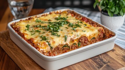 A delicious lasagna topped with melted cheese and fresh herbs, served in a white baking dish on a wooden surface.