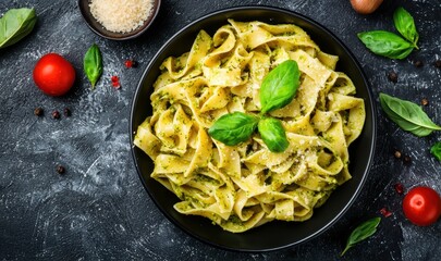 A delicious plate of fettuccine pasta garnished with fresh basil, surrounded by tomatoes and spices, showcasing a vibrant culinary presentation.