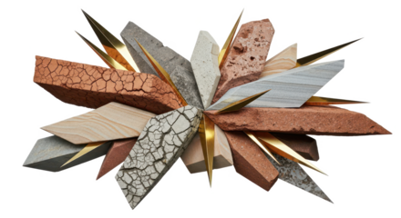 Abstract burst of jagged stone, cracked earth textures, and sharp golden metallic details.