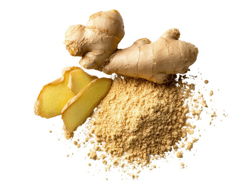 Fresh ginger root and ground ginger.  A pile of light beige ground ginger powder rests on a black background, with pieces of fresh ginger root atop and beside it