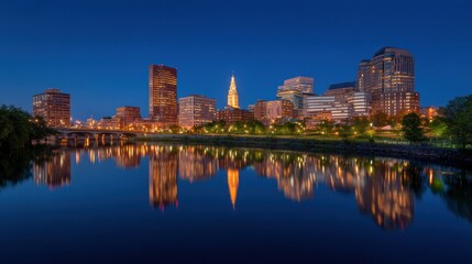 Naklejka premium City skyline at twilight reflected in water