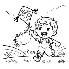 Illustration of a boy running with a kite in black and white colouring page