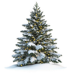 Fototapeta premium Snowy christmas tree with lights png, winter holiday evergreen tree, festive decoration, pine tree, isolated on transparent background