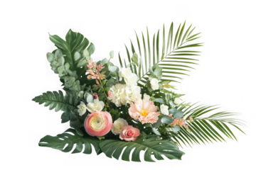 Floral arrangement with pink roses, white orchids, green monstera and palm leaves, botanical bouquet decoration, isolated on transparent background