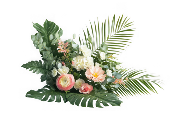 Floral arrangement with pink roses, white orchids, green monstera and palm leaves, botanical bouquet decoration, isolated on transparent background