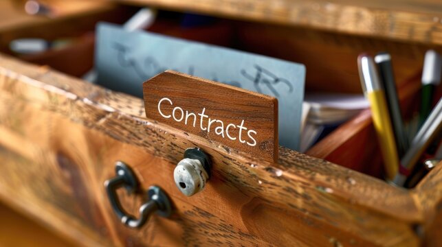 Organized file drawer with tab marked "Contracts", emphasizing business agreement concept in office setting