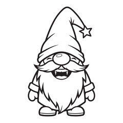Cartoon gnome with beard and star hat in black and white colouring page