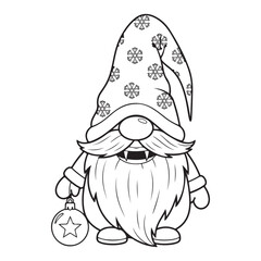 Outline of a vampire gnome holding a christmas ornament colouring page