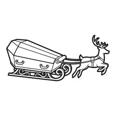 A reindeer pulling a coffin shaped sleigh in black outline colouring page