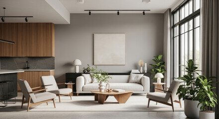 Modern minimalist living room with wooden accents, comfortable seating, and large windows offering natural light.