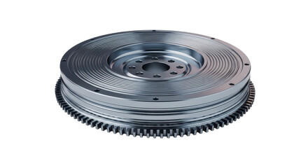 A detailed automotive engine flywheel with concentric grooves and gear teeth on a white background.