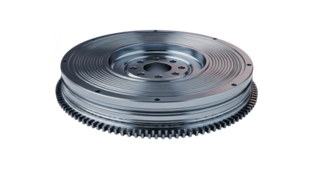 A detailed automotive engine flywheel with concentric grooves and gear teeth on a white background.