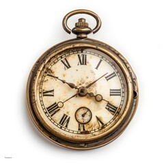 Antique pocket watch, showing time, with aged brass, Roman numerals