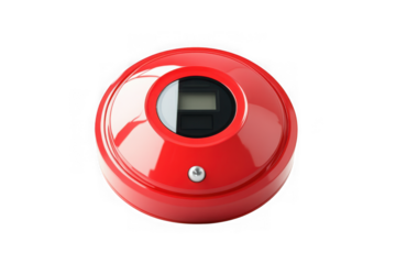 Red emergency fire alarm call point with digital display for safety systems and alerting isolated on transparent background