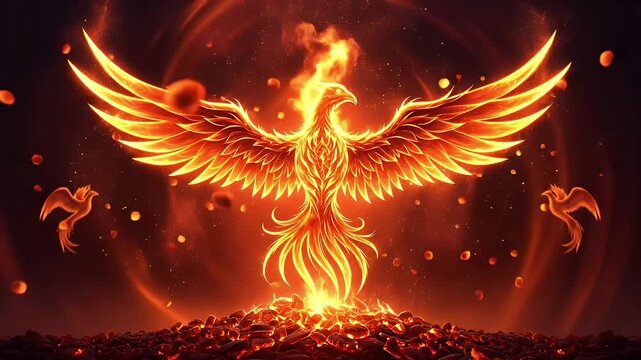 An epic illustration of a fiery phoenix rising from the ashes with glowing wings