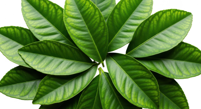 A beautiful arrangement of fresh green citrus leaves forming a circular pattern on a white background