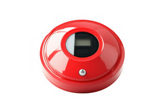 Red emergency fire alarm call point with digital display for safety systems and alerting isolated on transparent background