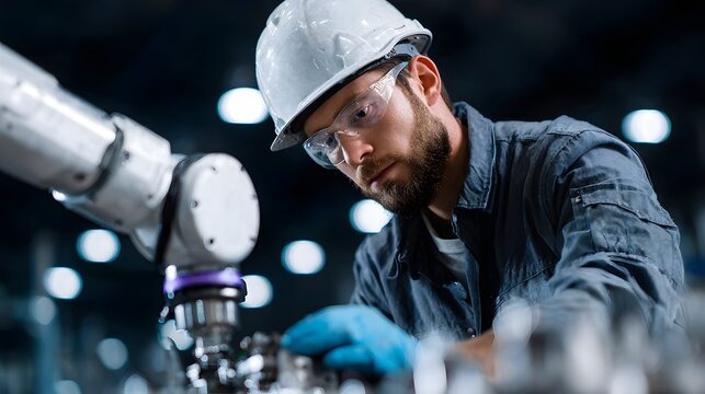 Technician programming a production robot arm in an industrial setting