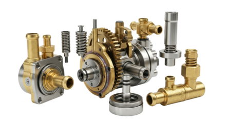A highly detailed assembly of brass and steel industrial pump parts on a white background
