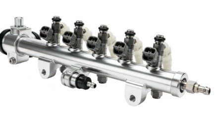 A high-performance aluminum fuel rail with injectors attached on a white background