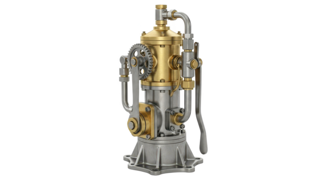 An intricate industrial fuel pump with brass and steel components, isolated on a white background - Powered by Adobe