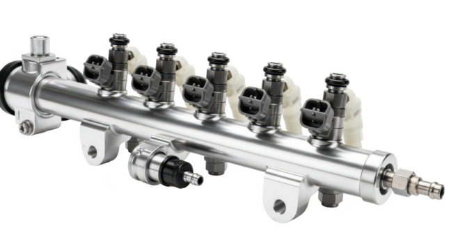 A high-performance aluminum fuel rail with injectors attached on a white background