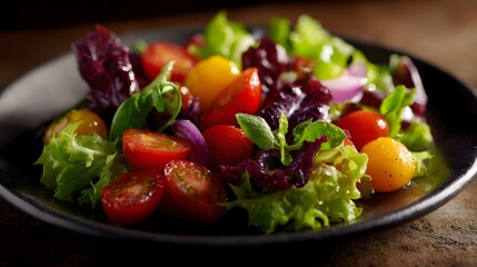 Fresh and colorful vegetable salad on a wooden table