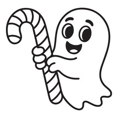 Cartoon ghost holding a candy cane in black and white lines colouring page