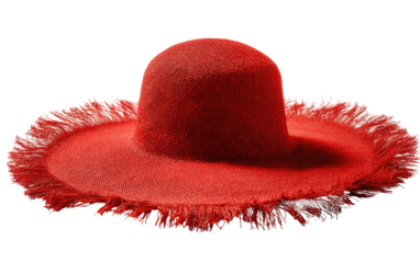 A vibrant red sun hat with a wide brim and fringy edge