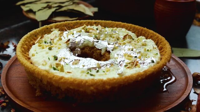 Ghewar or ghevar is a dessert in india garnished with rabri