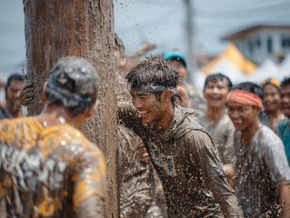 Fototapeta premium A humorous moment of a pole-climbing competition during the Perlis Water Festival, muddy participants laughing as they attempt to climb a slippery greased pole