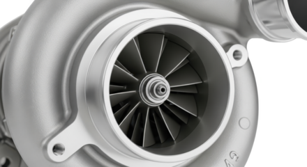 Automotive high-performance turbocharger with visible compressor blades on a white background