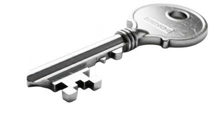A detailed close-up of a single silver metal key lying isolated on a clean white background.