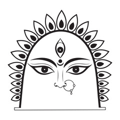 Graphic illustration of durga face with decorative border colouring page
