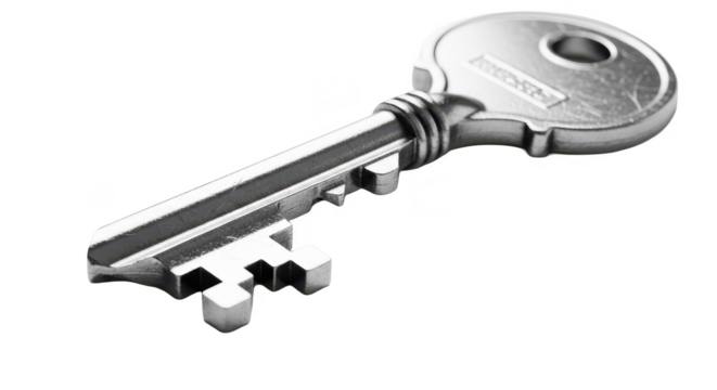 A detailed close-up of a single silver metal key lying isolated on a clean white background.