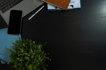 office desk with computer and supplies. Table Top view with space for your text.