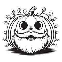 A pumpkin with a mustache and beard in black and white art colouring page