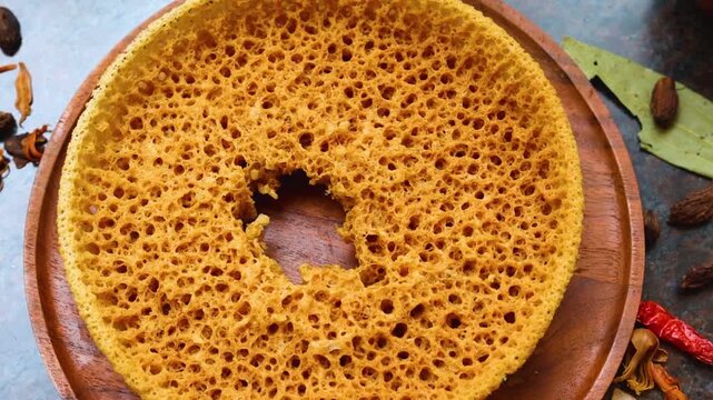 Ghewar or ghevar is a dessert in india garnished with rabri