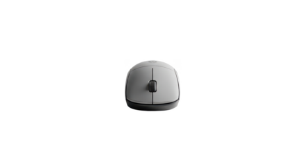 A modern minimalist gray computer mouse centered on a bright white surface with a shadow