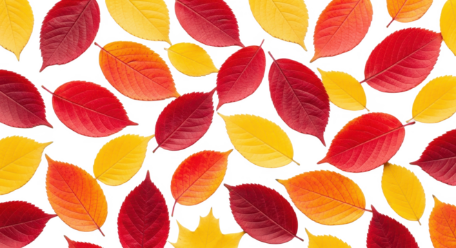 An arrangement of colorful red and yellow autumn leaves creating a pattern on a white background.