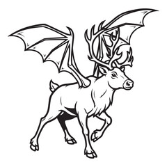 Illustration of a winged deer with antlers in black and white colouring page