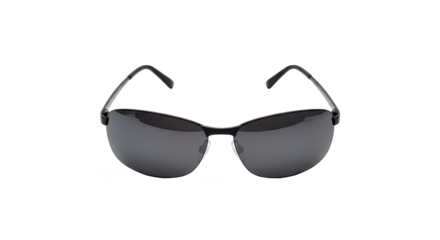 A pair of modern sunglasses with dark tinted lenses, placed symmetrically on a pure white background.