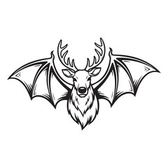 Deer with bat wings black and white vector illustration colouring page