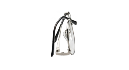 A pair of folded reading glasses with thin metal frames and black temples, isolated on a white background.