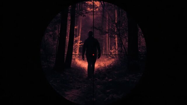 Eerie encounter in the forest through sniper scope, mystery and suspenseful stalking scene