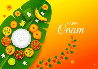 Obraz premium Traditional kerala onam sadya served on a banana leaf with rice and various curries against a vibrant orange yellow gradient background