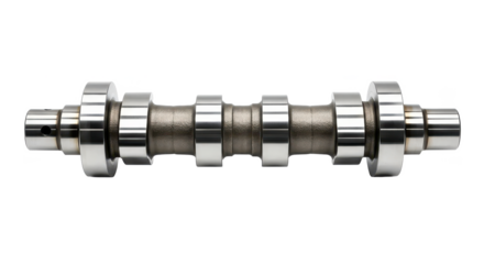A polished engine camshaft with multiple lobes and journals, isolated on a white background