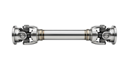 A polished steel driveshaft with universal joints, an automotive part on a white background.