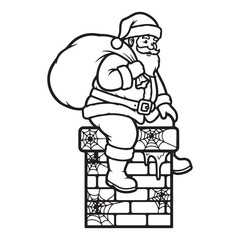 Santa claus sitting on chimney with bag outline illustration colouring page